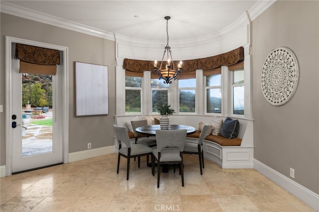 475 W 26th St, Upland, CA 91784 - dining room featuring a chandelier, baseboards, and ornamental molding