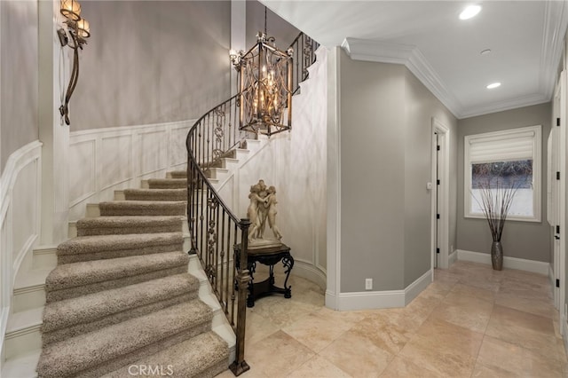475 W 26th St, Upland, CA 91784 - staircase featuring a chandelier, ornamental molding, recessed lighting, and a decorative wall