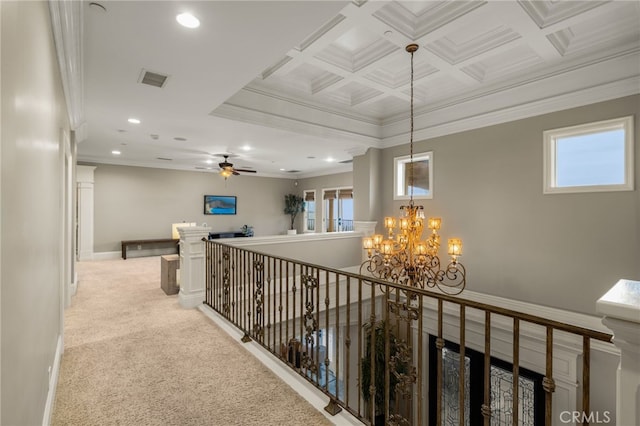 475 W 26th St, Upland, CA 91784 - hallway with crown molding, light carpet, a chandelier, recessed lighting, and an upstairs landing