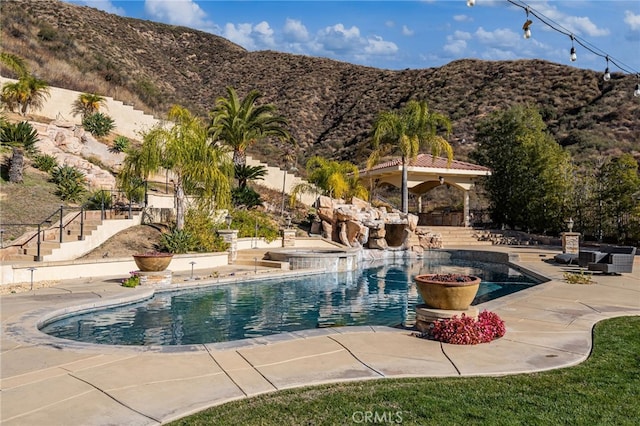 475 W 26th St, Upland, CA 91784 - view of swimming pool with a mountain view, a gazebo, and a patio area