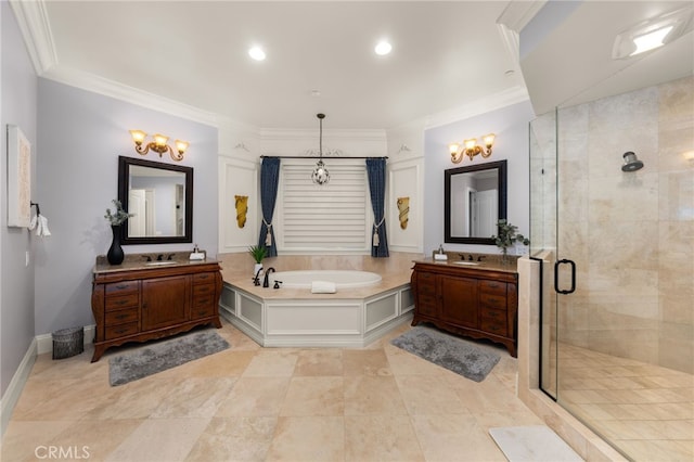 475 W 26th St, Upland, CA 91784 - full bathroom with a shower stall, a garden tub, two vanities, crown molding, and recessed lighting