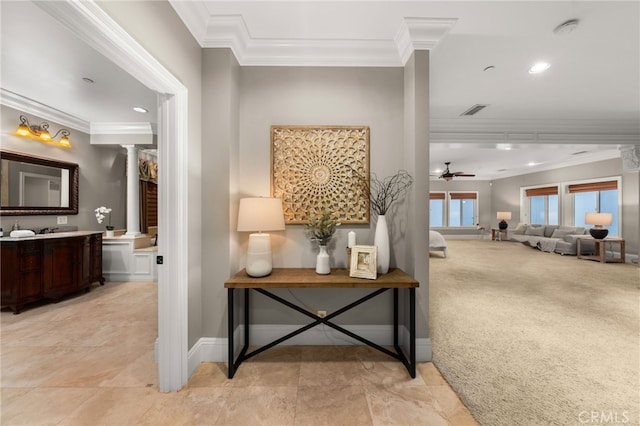 475 W 26th St, Upland, CA 91784 - corridor with decorative columns, crown molding, baseboards, and recessed lighting