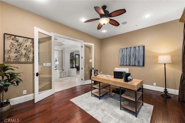475 W 26th St, Upland, CA 91784 - home office with french doors, a ceiling fan, baseboards, hardwood / wood-style flooring, and recessed lighting