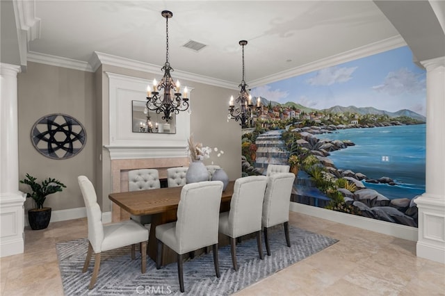 475 W 26th St, Upland, CA 91784 - dining area featuring ornate columns, crown molding, a chandelier, baseboards, and a mountain view