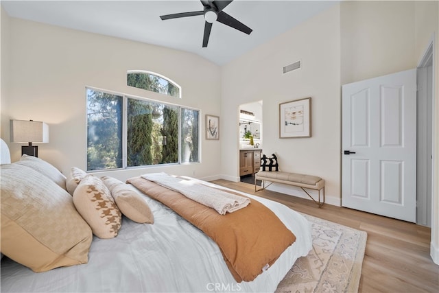 59 Cape Victoria, Aliso Viejo, CA 92656 - bedroom with light wood finished floors, baseboards, a ceiling fan, and high vaulted ceiling
