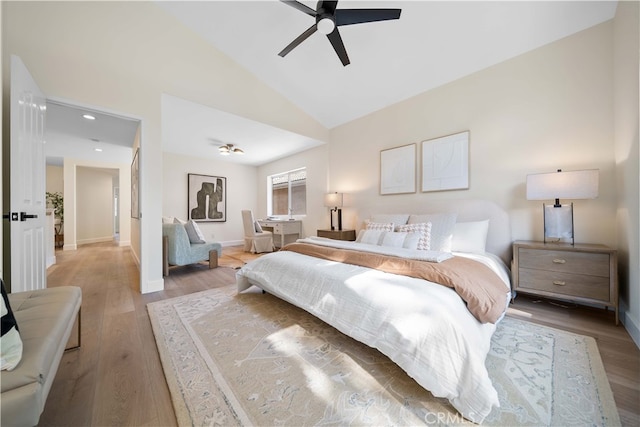 59 Cape Victoria, Aliso Viejo, CA 92656 - bedroom with light wood-style floors, baseboards, high vaulted ceiling, recessed lighting, and ceiling fan