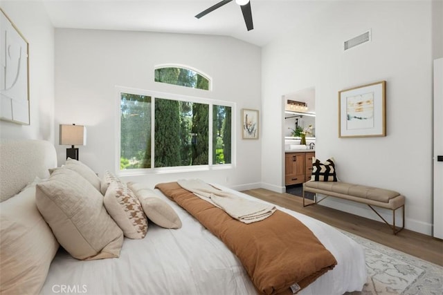 59 Cape Victoria, Aliso Viejo, CA 92656 - bedroom featuring wood finished floors, high vaulted ceiling, ensuite bathroom, and a ceiling fan