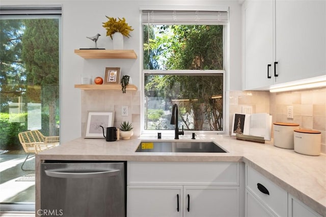59 Cape Victoria, Aliso Viejo, CA 92656 - kitchen featuring dishwasher, backsplash, and white cabinets