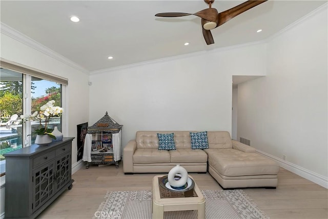 2546 N Orange Hill Ln, Orange, CA 92867 - living area featuring ornamental molding, light wood finished floors, ceiling fan, baseboards, and recessed lighting