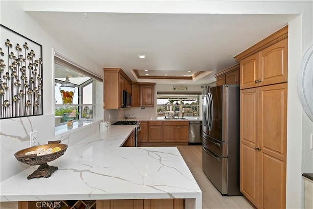 2546 N Orange Hill Ln, Orange, CA 92867 - kitchen with stainless steel appliances, light stone counters, a peninsula, a sink, and a raised ceiling
