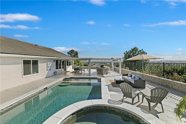 2546 N Orange Hill Ln, Orange, CA 92867 - view of swimming pool with an outdoor living space with a fire pit, an in-ground hot tub, fence, and a patio