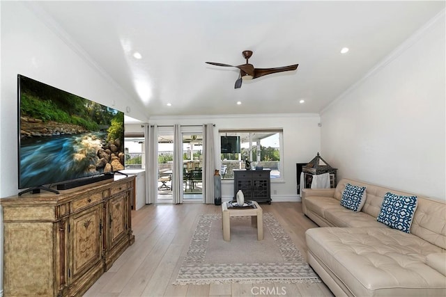 2546 N Orange Hill Ln, Orange, CA 92867 - living area featuring ceiling fan, light wood-style floors, recessed lighting, and ornamental molding