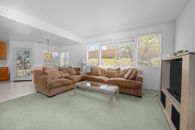living room featuring light carpet