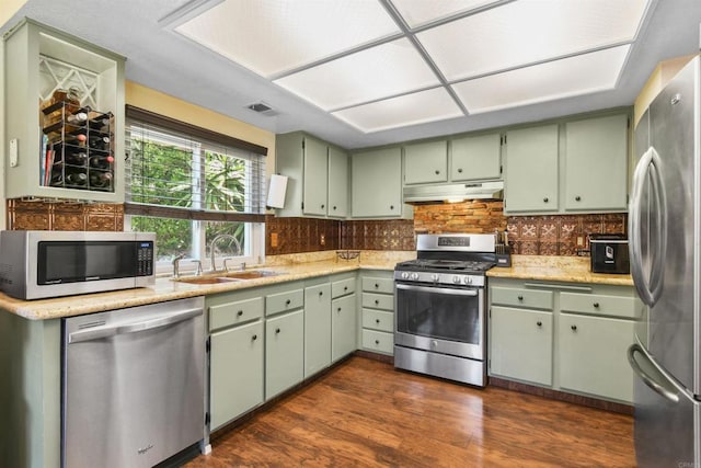 2610 Hillridge Ln, Spring Valley, CA 91977 - kitchen with appliances with stainless steel finishes, under cabinet range hood, green cabinetry, decorative backsplash, and dark wood finished floors