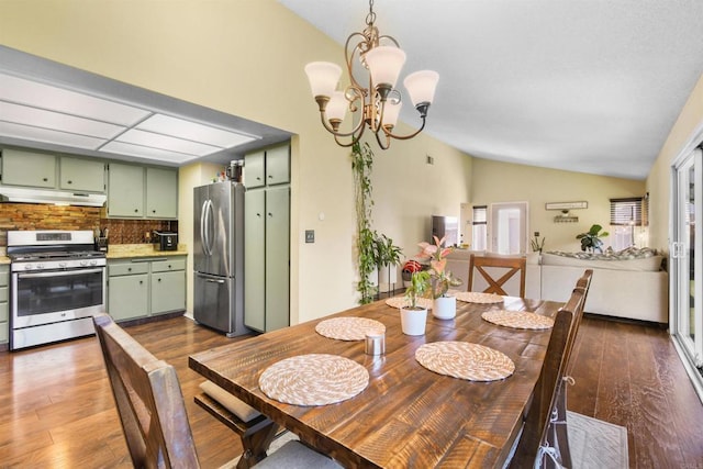 2610 Hillridge Ln, Spring Valley, CA 91977 - dining area featuring lofted ceiling, dark wood-type flooring, and a chandelier