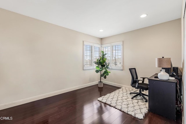 office with wood finished floors, baseboards, and recessed lighting
