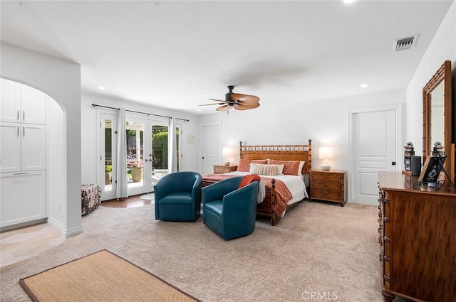 bedroom with access to outside, french doors, recessed lighting, light colored carpet, and a ceiling fan
