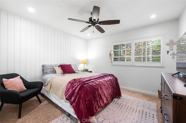 bedroom with light colored carpet, baseboards, a ceiling fan, and recessed lighting