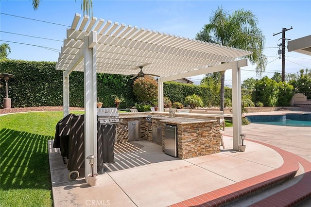 view of patio / terrace featuring an outdoor kitchen, a pergola, an outdoor pool, a ceiling fan, and area for grilling