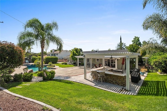 rear view of house featuring a pergola, an outdoor pool, a patio, and a ceiling fan