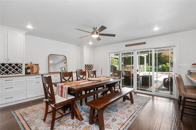 dining space featuring ceiling fan, recessed lighting, dark wood-style flooring, and french doors