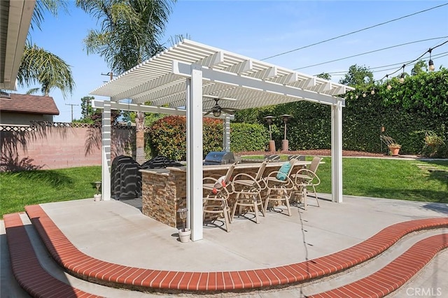 view of patio / terrace featuring fence and a pergola