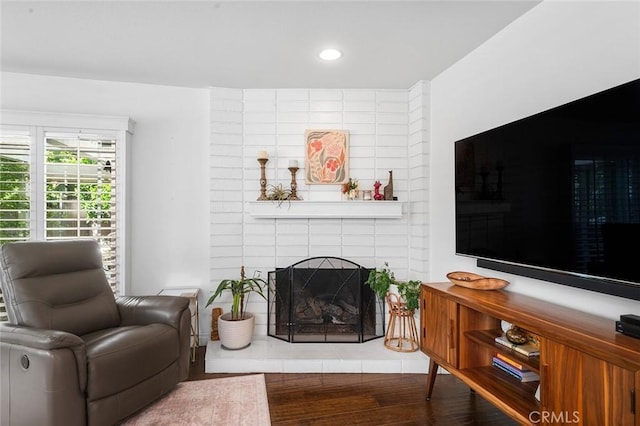 living area featuring recessed lighting, wood finished floors, and a fireplace