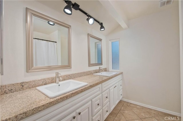 9788 Balaton St, Rancho Cucamonga, CA 91737 - full bathroom featuring double vanity, tile patterned floors, and beamed ceiling