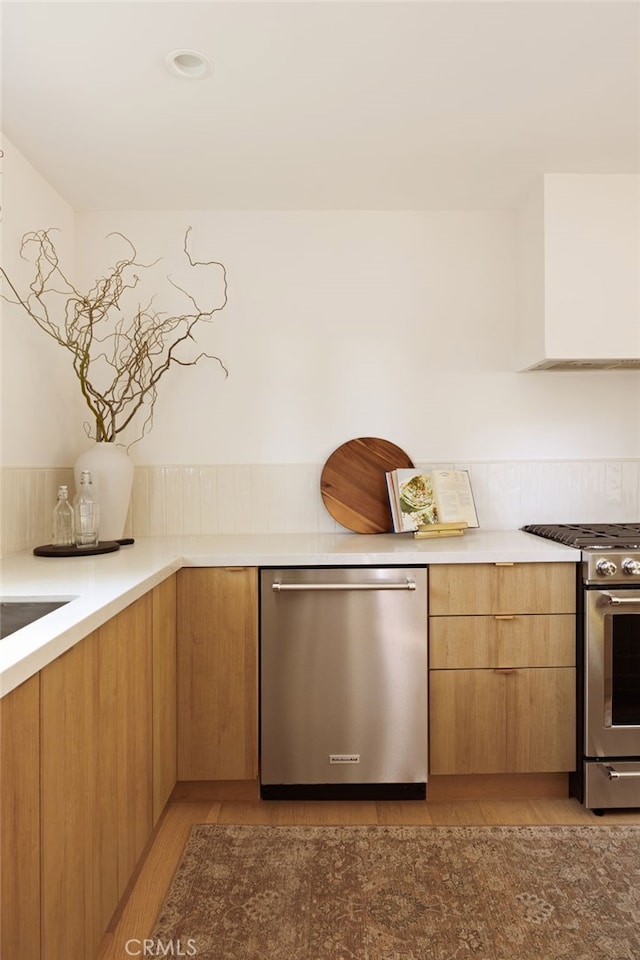 479 Crane Blvd, Los Angeles, CA 90065 - kitchen with appliances with stainless steel finishes, modern cabinets, light countertops, wood finished floors, and light brown cabinetry