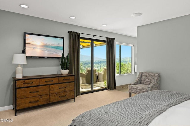 bedroom with access to exterior, light carpet, recessed lighting, and baseboards