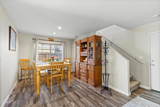 2024 Green Ridge Cir, Lompoc, CA 93436 - dining space featuring stairway, dark wood-type flooring, baseboards, and recessed lighting