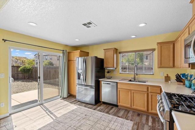 2024 Green Ridge Cir, Lompoc, CA 93436 - kitchen featuring appliances with stainless steel finishes, a sink, light countertops, a textured ceiling, and light wood-style floors