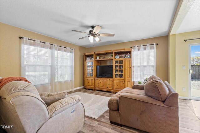 2024 Green Ridge Cir, Lompoc, CA 93436 - living room featuring a ceiling fan, light wood-style floors, and a textured ceiling