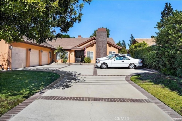 22329 Plummer St, Chatsworth, CA 91311 - ranch-style house with concrete driveway, stucco siding, a garage, a front lawn, and a chimney