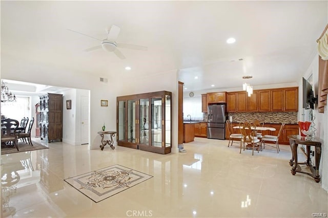 22329 Plummer St, Chatsworth, CA 91311 - living room featuring light tile patterned flooring, ceiling fan, and recessed lighting