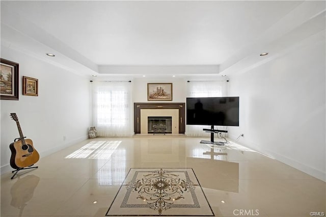 22329 Plummer St, Chatsworth, CA 91311 - unfurnished living room with a tray ceiling, tile patterned flooring, a fireplace, recessed lighting, and baseboards