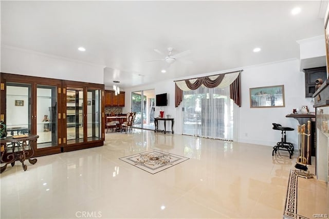 22329 Plummer St, Chatsworth, CA 91311 - tiled living room featuring ornamental molding, ceiling fan, recessed lighting, and baseboards