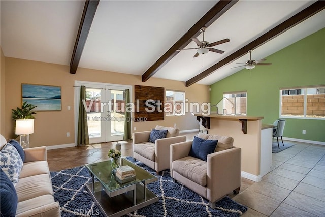 6649 Pine Spring Ave Unit 29, Palms, CA 92277 - living area featuring light tile patterned floors, french doors, baseboards, and a ceiling fan