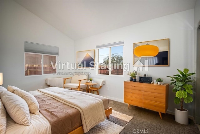 6649 Pine Spring Ave Unit 29, Palms, CA 92277 - bedroom with carpet floors, baseboards, and high vaulted ceiling