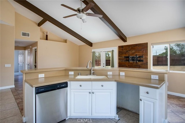 6649 Pine Spring Ave Unit 29, Palms, CA 92277 - kitchen with stainless steel dishwasher, a sink, ceiling fan, and white cabinetry