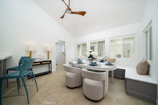13282-13280 Nevada St, Westminster, CA 92683 - dining area with a ceiling fan, light tile patterned floors, and high vaulted ceiling