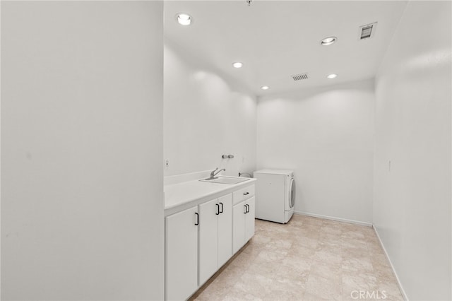 4462 Fallsbrae Rd, Fallbrook, CA 92028 - bathroom with washer / clothes dryer, recessed lighting, vanity, and baseboards