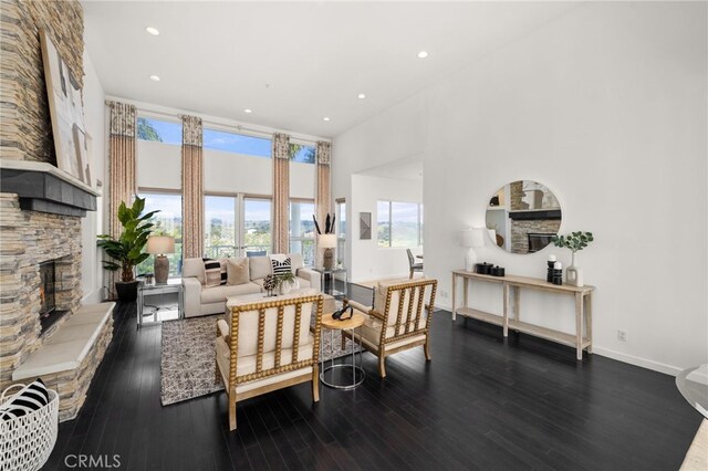 4462 Fallsbrae Rd, Fallbrook, CA 92028 - living room with a high ceiling, healthy amount of natural light, a stone fireplace, wood finished floors, and recessed lighting
