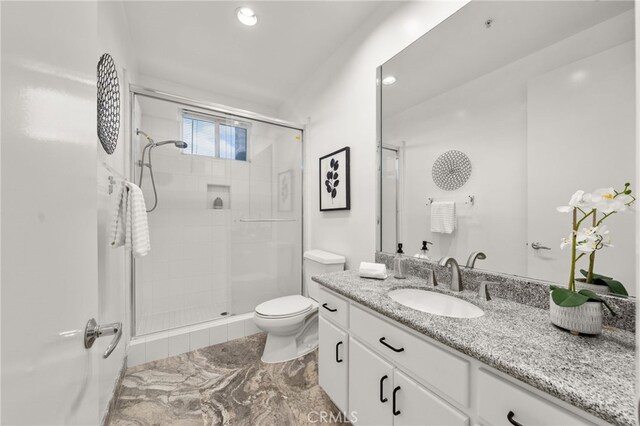4462 Fallsbrae Rd, Fallbrook, CA 92028 - full bath with a stall shower, vanity, toilet, recessed lighting, and marble finish floors
