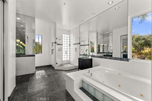 4462 Fallsbrae Rd, Fallbrook, CA 92028 - bathroom featuring plenty of natural light, a shower stall, a whirlpool tub, vanity, and recessed lighting