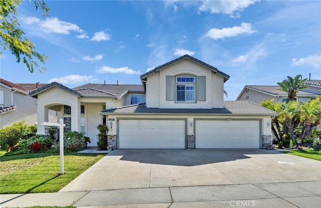 2517 Macbeth Ave, Corona, CA 92882 - view of front of house with stucco siding, stone siding, a front lawn, driveway, and a tiled roof