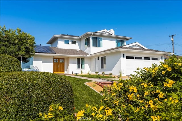 5662 Trail View Pl, Yorba Linda, CA 92886 - view of front of house featuring stucco siding, roof mounted solar panels, and an attached garage