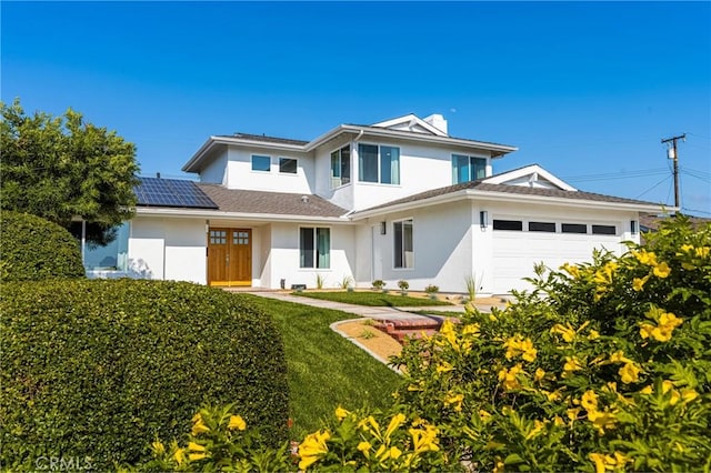 5662 Trail View Pl, Yorba Linda, CA 92886 - view of front facade featuring stucco siding, a garage, and solar panels