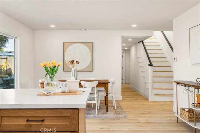 5662 Trail View Pl, Yorba Linda, CA 92886 - dining space with stairs, light wood-style floors, recessed lighting, and baseboards
