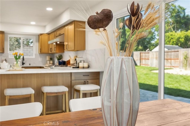 5662 Trail View Pl, Yorba Linda, CA 92886 - kitchen with under cabinet range hood, a kitchen bar, recessed lighting, light countertops, and a peninsula